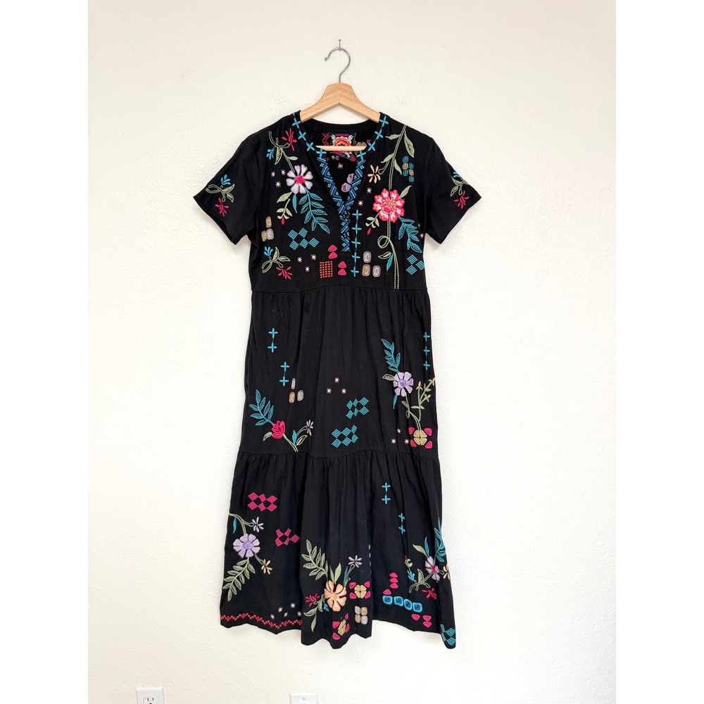 Johnny Was Katie Black Embroidered Cotton Tiered Midi Dress Floral PS Small